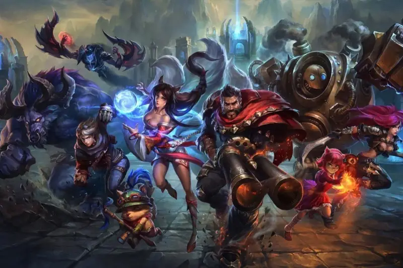 Grupa bohaterów League of Legends, w tym Ahri, Darius i robot, na tle bitewnym.
